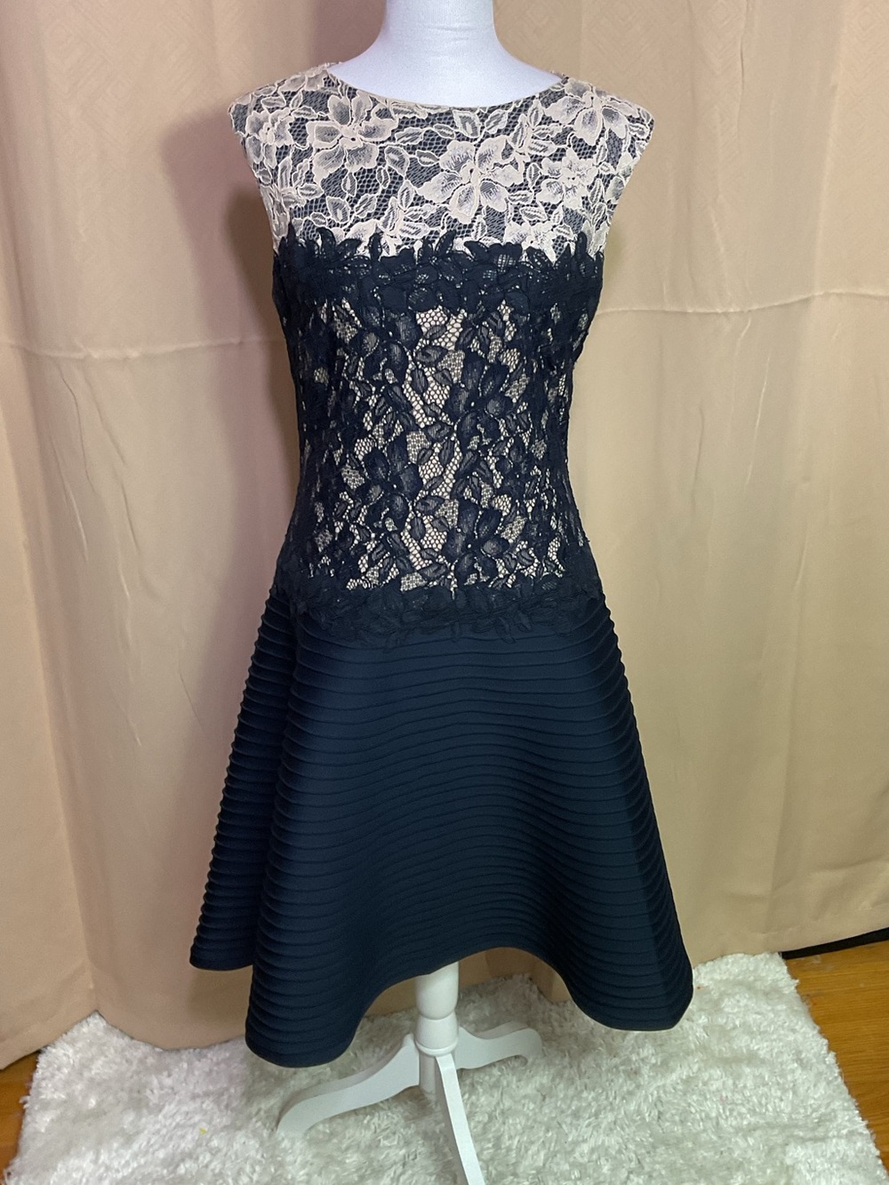 Tadashi Shoji Black and Ivory Lace Fit-and-Flare Mini Dress